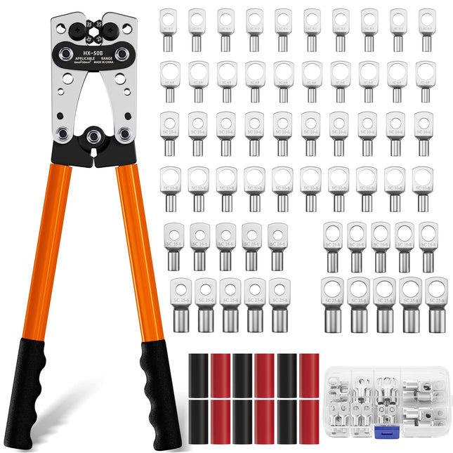 Galingos presavimo replės kabelių antgaliams (6-50 mm²) + 60 vnt. gnybtų rinkinys | HX-50B