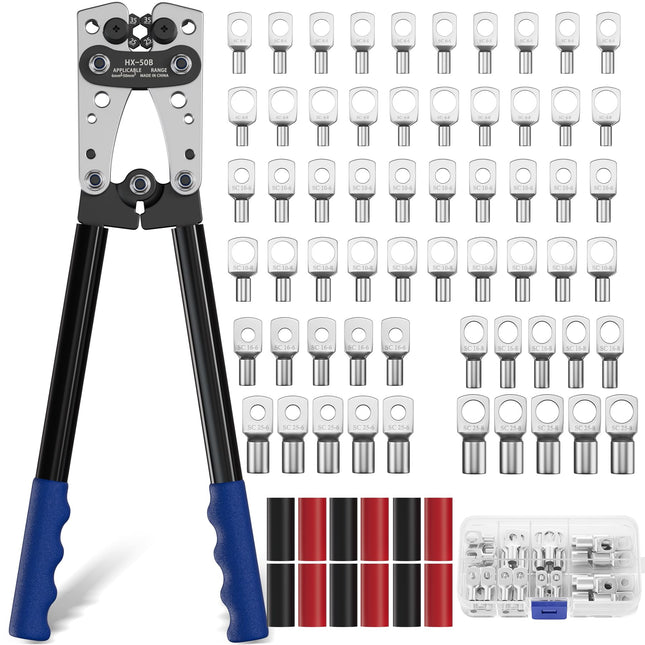 Galingos presavimo replės kabelių antgaliams (6-50 mm²) + 60 vnt. gnybtų rinkinys | HX-50B