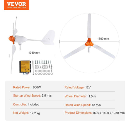 Horizontalios ašies vėjo generatorius 12V 800W