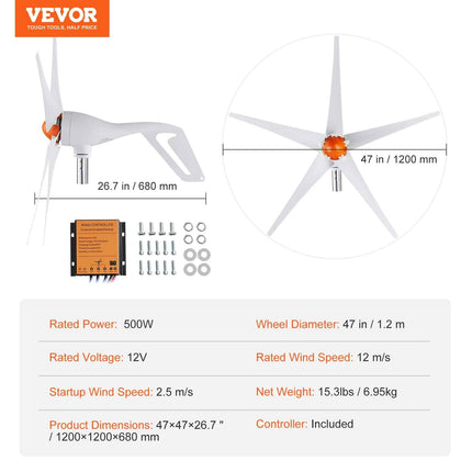 Horizontalios ašies vėjo generatorius 12V 500W