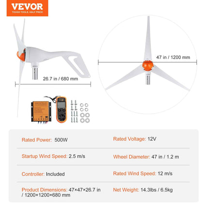 Horizontalios ašies vėjo generatorius Vevor, 500W