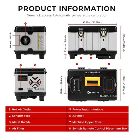 Dyzelinis šildytuvas Sunster TB10pro, 8 kW 12/24 V, 220 V su belaidžiu temperatūros valdymu ir Bluetooth funkcija