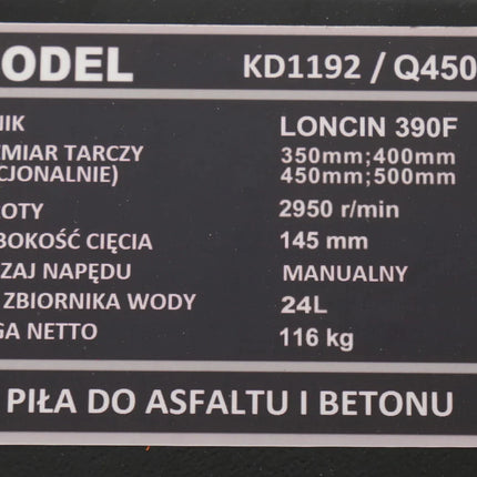 Motorinis benzininis asfalto ir betono pjūklas KD11920 disko skersmuo iki 500 mm