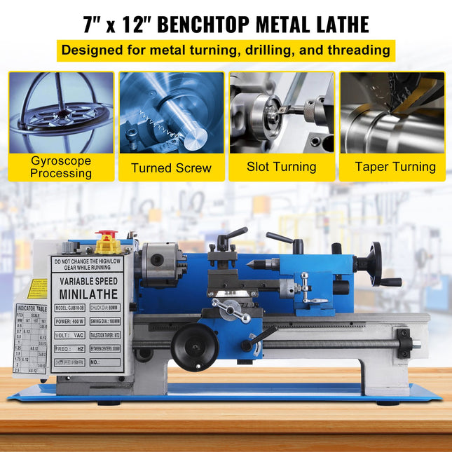 Mini metalo tekinimo staklės VEVOR 7x12, 400W
