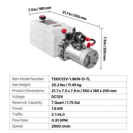 Hidraulinė stotelė VEVOR TDDC12V-1.6KW-D-7L, 7 l talpa