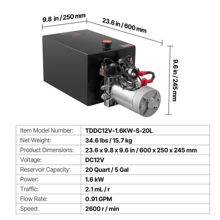 Hidraulinė stotelė VEVOR TDDC12V-1.6KW-S-20L, 20 L, 12V