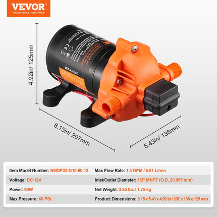 Membraninis vandens siurblys VEVOR NMDP33-G18-60-12, 12V, 6,81 l/min