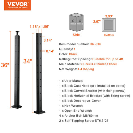 Kampinis trosinių turėklų stulpas VEVOR HR-016, 91,4 cm aukščio