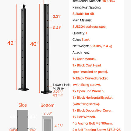 Turėklų stulpas VEVOR HR-018G, 106,7 cm aukščio