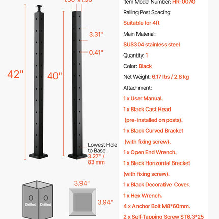 Kampinis turėklų stulpas VEVOR HR-007G, 106,7 cm aukščio