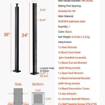 Trosinių turėklų stulpas VEVOR HR-009G, 91,4 cm aukščio