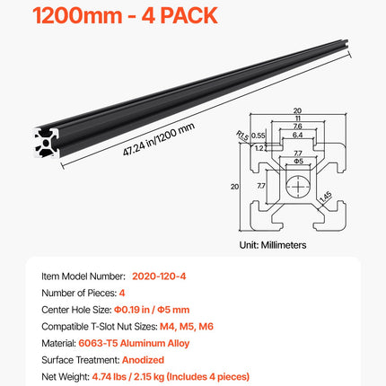 Aliuminio profilis VEVOR 2020 T-Slot, 1200 mm, 4 vnt.