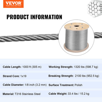 Plieninis trosas VEVOR T316, 3,2 mm storio