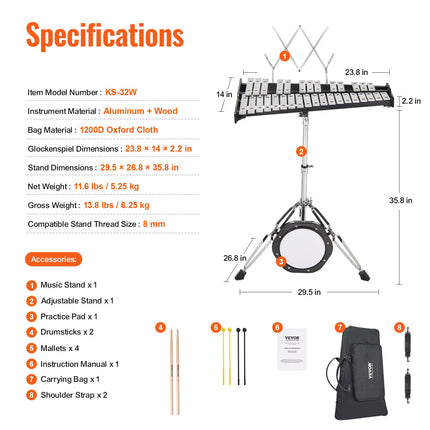 Ksilofonas (Glockenspiel) VEVOR KS-32W, 32 natos
