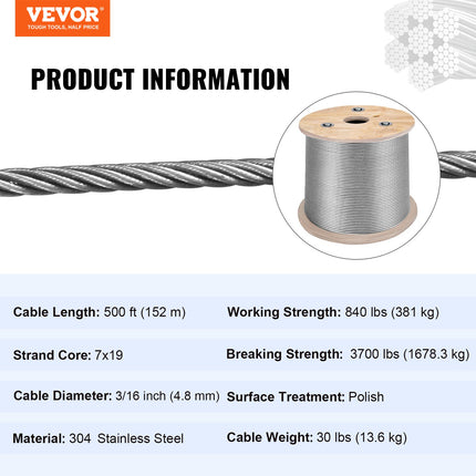 Plieninis trosas VEVOR T304, 150 m