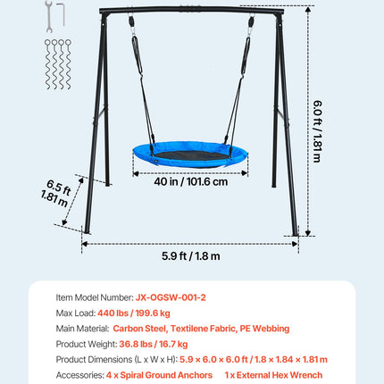 Sūpynių komplektas VEVOR JX-OGSW-001-2, 100 cm lėkštės formos sėdynė