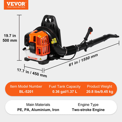Ant nugaros nešiojamas lapų pūstuvas VEVOR BL-5201, 52 cm³