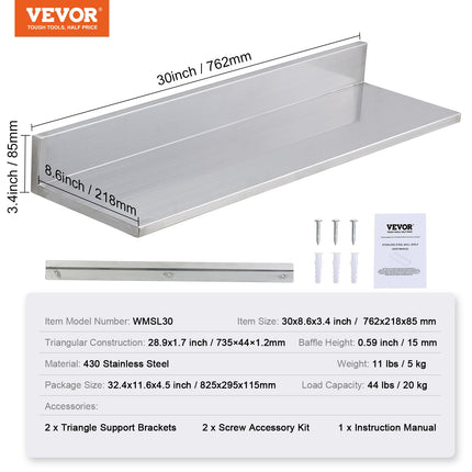 Nerūdijančio plieno lentyna VEVOR WMSL30, 76,2 cm ilgio