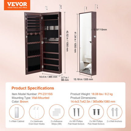 Papuošalų spintelė su veidrodžiu VEVOR PY-2311SS, 108 cm aukščio