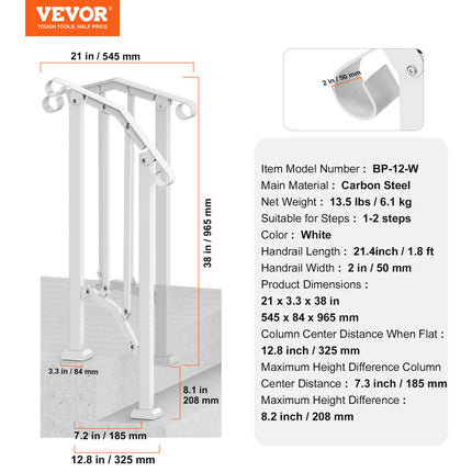 Lauko laiptų turėklai VEVOR BP-12-W, 1-2 pakopoms