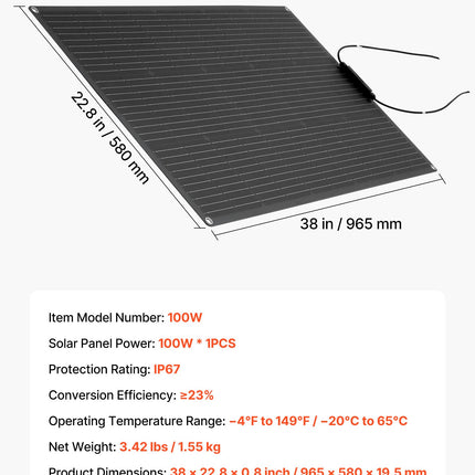 Lanksti saulės baterija VEVOR 100W, 23 % efektyvumas