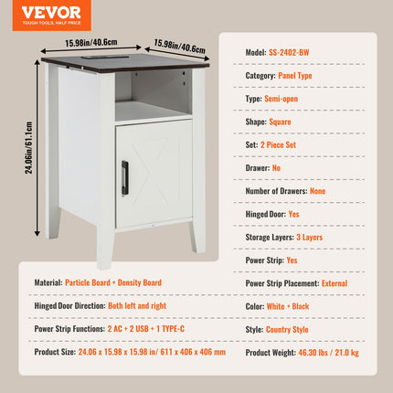 Šoniniai staliukai VEVOR SS-2402-BW, 2 vnt. komplektas su USB jungtimis
