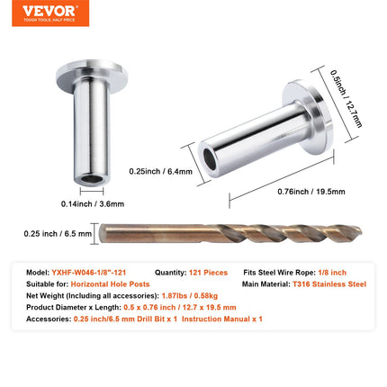 Apsauginės įvorės trosams VEVOR YXHF-W046-1/8"-121, 121 vnt.
