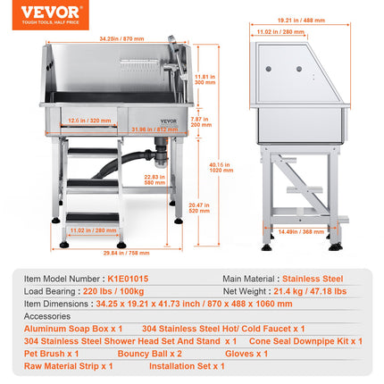 Šunų maudymo vonia VEVOR K1E01015, 864 mm ilgio