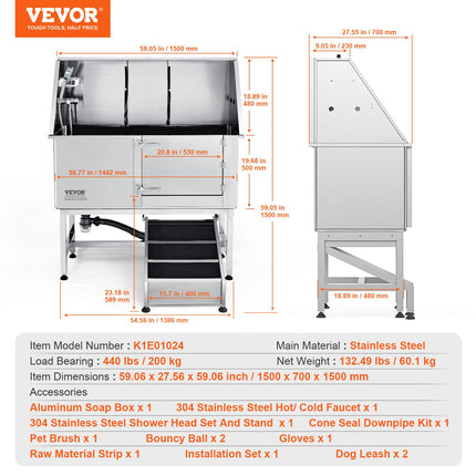 Šunų maudymo vonia VEVOR K1E01026, 157 cm su rampa