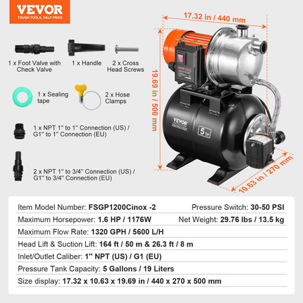 Vandens siurblys su hidroforu VEVOR FSGP1200Cinox-2, 1193W