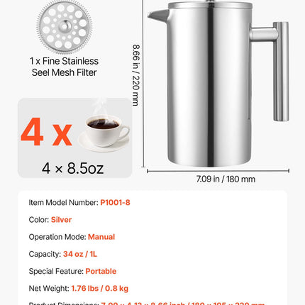 Prancūziškas kavinukas VEVOR P1001-8, 1 l