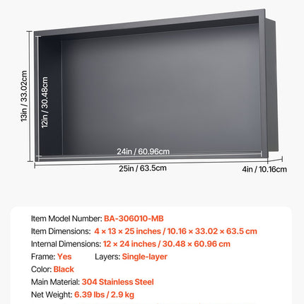 Įleidžiama dušo niša VEVOR BA-306010-MB, 33 x 63,5 x 10,2 cm