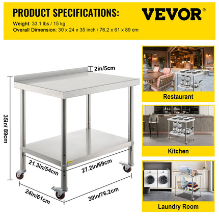 Nerūdijančio plieno paruošimo stalas VEVOR VV-SSWT-BJL-2430, 200 kg apkrova