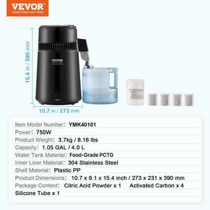 Vandens distiliatorius VEVOR YMK40101, 4 l talpos