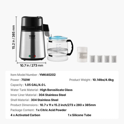 Vandens distiliatorius VEVOR YMK40202, 4 l talpos