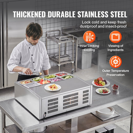 Šaldoma ingredientų vitrina VEVOR D27TW-G, 8 x GN 1/6 indai