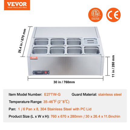Šaldoma ingredientų vitrina VEVOR D27TW-G, 8 x GN 1/6 indai