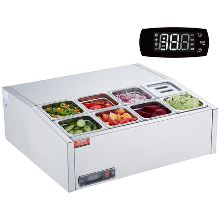 Šaldoma ingredientų vitrina VEVOR D27TW-G, 8 x GN 1/6 indai