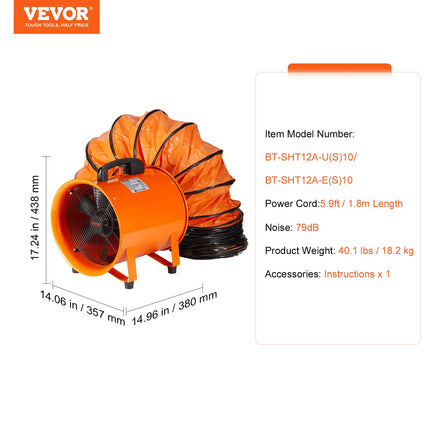 Nešiojamas ventiliatorius VEVOR BT-SHT12A-U(S)10, 367 W