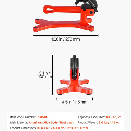 Nešiojami vamzdžių spaustuvai VEVOR RG1510, 1/8"–1-1/2" diapazonas