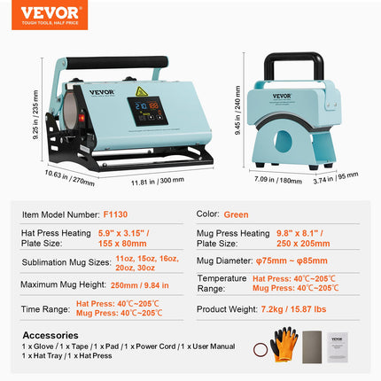Termopresas puodeliams ir kepurėms VEVOR F1130, 2-in-1 funkcionalumas