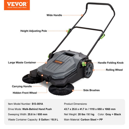 Mechaninė šlavimo mašina VEVOR S13-001A, 65 cm darbinis plotis