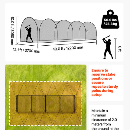 Beisbolo mušimo narvas VEVOR BL40121004S, 12,2 x 3,7 x 3,05 m