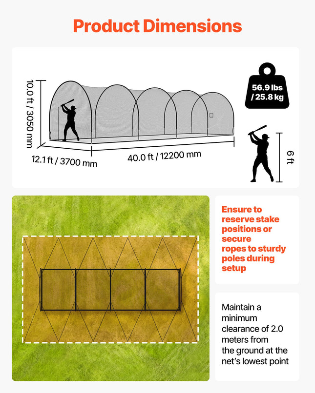 Beisbolo mušimo narvas VEVOR BL40121004S, 12,2 x 3,7 x 3,05 m
