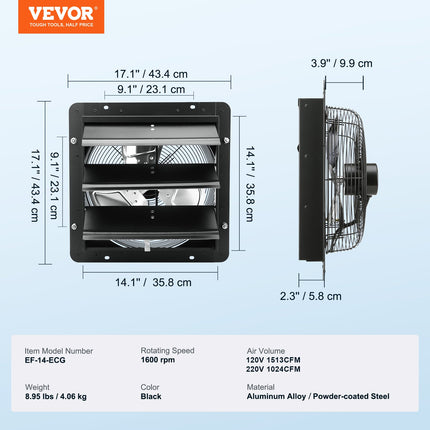 Ištraukiamasis ventiliatorius su žaliuzėmis VEVOR EF-14-ECG, 356 mm