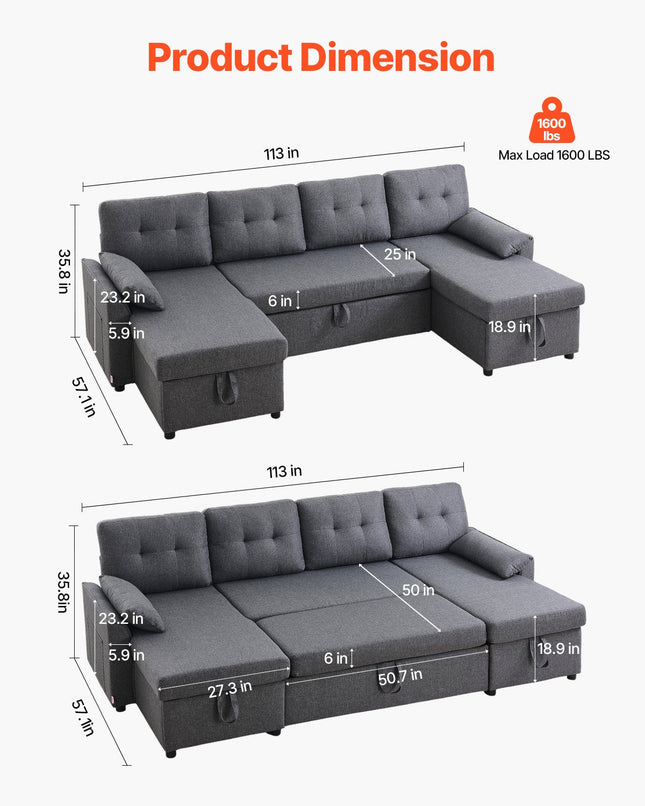 U formos sofa-lova VEVOR LW-0667-2T-11R-11L, 6 vietų su miegama funkcija