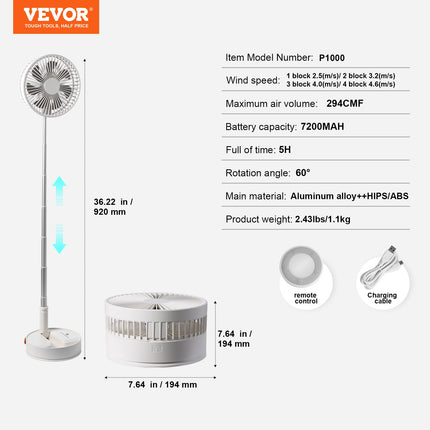 Sulankstomas pastatomas ventiliatorius VEVOR P1000, 7200 mAh