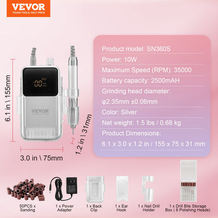 Elektrinė nagų dildė VEVOR SN360S, 35000 RPM