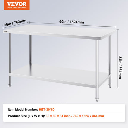 Nerūdijančio plieno paruošimo stalas VEVOR HET-30*60, 76 x 152 cm
