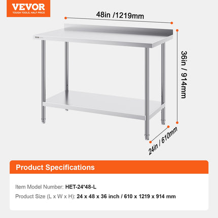 Nerūdijančio plieno darbo stalas VEVOR HET-24*48-L, 610 x 1219 mm